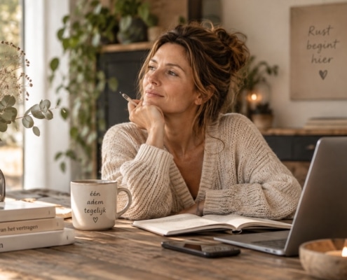 Vrouw zit aan tafel met een kop koffie en een opengeslagen notitieboek en denkt na over hoe ze minder stress kan ervaren